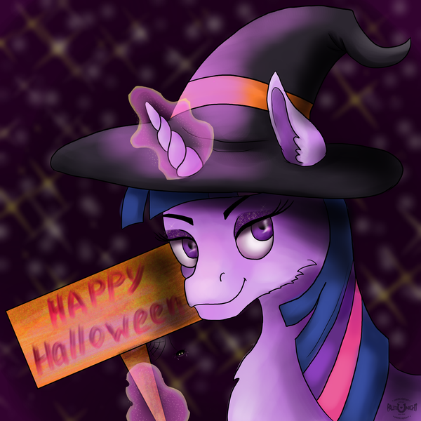 Size: 2755x2755 | Tagged: safe, artist:palettenight, derpibooru import, twilight sparkle, twilight sparkle (alicorn), alicorn, pony, clothes, costume, halloween, halloween costume, happy halloween, hat, holiday, image, looking at you, magic, png, sign, solo, witch hat