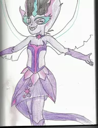 Size: 2479x3229 | Tagged: safe, artist:thevisitormlp, derpibooru import, twilight sparkle, equestria girls, clothes, evening gloves, female, gloves, grin, image, jpeg, long gloves, midnight sparkle, smiling, solo, traditional art, wings