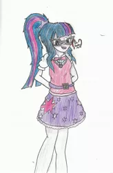 Size: 1956x2984 | Tagged: safe, artist:thevisitormlp, derpibooru import, sci-twi, twilight sparkle, equestria girls, arm behind back, clothes, cutie mark, cutie mark on clothes, female, glasses, image, jpeg, skirt, smiling, solo, traditional art