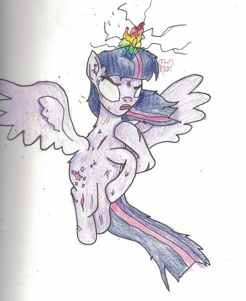 Size: 2116x2584 | Tagged: safe, artist:thevisitormlp, derpibooru import, twilight sparkle, twilight sparkle (alicorn), alicorn, pony, female, flying, glow, glowing horn, horn, image, jpeg, mare, rearing, signature, traditional art, white eyes