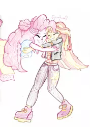 Size: 2100x2968 | Tagged: safe, artist:thevisitormlp, derpibooru import, pinkie pie, sunset shimmer, equestria girls, clothes, duo, eyes closed, female, hug, image, pants, png, shoes, smiling, traditional art