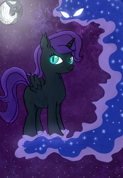 Size: 1399x2023 | Tagged: safe, artist:thevisitormlp, derpibooru import, tantabus, oc, oc:nyx, alicorn, pony, fanfic:past sins, alicorn oc, ethereal mane, female, filly, full moon, horn, image, moon, png, starry mane, traditional art, wings