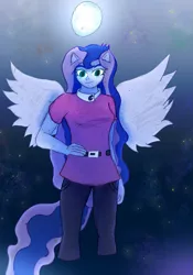 Size: 1533x2188 | Tagged: safe, artist:thevisitormlp, derpibooru import, princess luna, equestria girls, ethereal mane, female, full moon, image, moon, night, png, ponied up, smiking, solo, starry mane, stars, vice principal luna