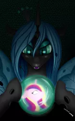 Size: 2000x3200 | Tagged: safe, artist:renatethepony, derpibooru import, princess cadance, queen chrysalis, alicorn, changeling, changeling queen, pony, crystal ball, duo, female, image, mare, png, smiling