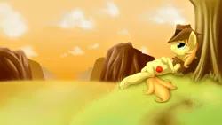 Size: 3840x2160 | Tagged: safe, artist:renatethepony, derpibooru import, braeburn, earth pony, pony, clothes, cloud, hat, image, lying down, male, outdoors, png, smiling, solo, stallion, vest