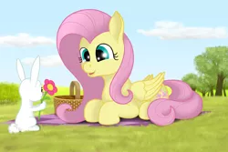 Size: 900x600 | Tagged: safe, artist:xodok, derpibooru import, angel bunny, fluttershy, pegasus, pony, rabbit, series:ponyashnost, animal, basket, cloud, cutie mark, female, field, flower, folded wings, grass, image, jpeg, looking at each other, lying down, mare, open mouth, open smile, outdoors, picnic blanket, pink mane, pink tail, prone, smiling, tail, teal eyes, tree, wings