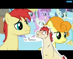 Size: 1280x1024 | Tagged: safe, artist:royvdhel-art, derpibooru import, screencap, berry punch, berryshine, bon bon, carrot top, don neigh, golden harvest, sweetie drops, twinkleshine, oc, oc:romy, earth pony, pony, unicorn, equestria games (episode), background pony, earth pony oc, female, frown, image, male, mare, open mouth, outline, png, red mane, smiling, stallion, teal eyes, white outline