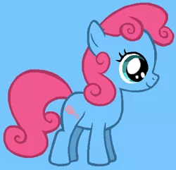 Size: 469x453 | Tagged: safe, artist:therainbowkingdom69, derpibooru import, baby cuddles, earth pony, pony, baby, baby pony, blue background, cuddlebetes, cute, female, filly, g1, g1 to g4, g4, generation leap, image, png, simple background, smiling