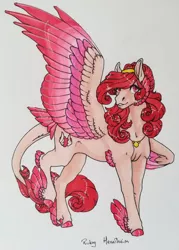 Size: 1920x2686 | Tagged: safe, artist:oneiria-fylakas, derpibooru import, oc, oc:ruby heartheim, pegasus, pony, colored wings, feathered fetlocks, female, image, jpeg, mare, multicolored wings, solo, tail, tail feathers, traditional art, wings