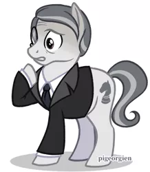 Size: 669x768 | Tagged: safe, artist:pigeorgien, derpibooru import, oc, oc:mimante, unofficial characters only, earth pony, pony, clothes, image, male, monocle, png, show accurate, solo, stallion, suit, worried