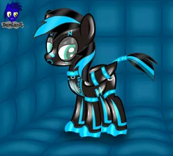 Size: 4608x4154 | Tagged: safe, alternate version, artist:damlanil, derpibooru import, oc, oc:nightlight aura, pegasus, pony, bound wings, catsuit, closed suit design, clothes, collar, commission, eyeshadow, female, hood, image, latex, latex boots, latex suit, makeup, mare, padded cell, png, rubber, shiny, shiny mane, show accurate, solo, story, story included, suit, vector, wings