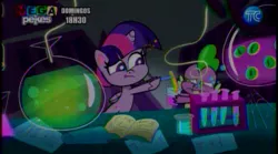 Size: 864x482 | Tagged: safe, derpibooru import, screencap, spike, twilight sparkle, alicorn, dragon, pony, my little pony: pony life, bipedal, chemicals, ecuador, image, intro, laboratory, png, tc television