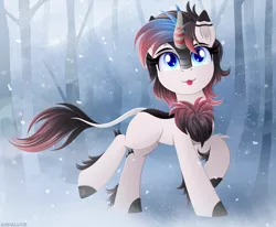 Size: 2700x2226 | Tagged: safe, artist:andaluce, derpibooru import, oc, oc:winter nightsong, kirin, chest fluff, forest, forest background, image, png, snow, solo, tree