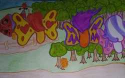 Size: 1280x801 | Tagged: safe, artist:dex stewart, derpibooru import, apple bloom, scootaloo, sweetie belle, butterfly, insect, apple, apple tree, flying, food, image, jpeg, species swap, sweet apple acres, traditional art, tree