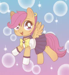 Size: 3640x3942 | Tagged: safe, artist:hotcurrykatsu, derpibooru import, scootaloo, pegasus, pony, clothes, female, filly, image, jpeg, looking at you, open mouth, piercing, sailor uniform, school uniform, skirt, smiling, socks, solo, spread wings, uniform, wings