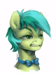 Size: 758x1000 | Tagged: safe, artist:jewellier, derpibooru import, sandbar, earth pony, pony, bowtie, bust, colt, disgusted, expression, eyebrows, faic, green coat, green eyes, green mane, gritted teeth, image, jpeg, lidded eyes, looking at something, male, portrait, showing teeth, signature, simple background, solo, teeth, two toned mane, white background