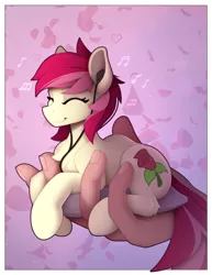 Size: 1500x1947 | Tagged: safe, artist:yakovlev-vad, derpibooru import, roseluck, earth pony, human, pony, earbuds, female, hand, headphones, image, mare, png, smiling, tiny, tiny ponies