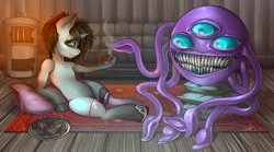 Size: 3600x2000 | Tagged: suggestive, artist:leastways, derpibooru import, oc, oc:iso, pony, unicorn, fallout equestria, fanfic, beholder, black sclera, brownies, carpet, cookie, drug use, drugs, fanfic art, fanfic cover, female, fireplace, food, friendship, high res, horn, image, interspecies, marijuana, monster, nudity, pillow, plate, png, smoking, teeth, tentacles