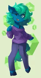 Size: 2144x4096 | Tagged: safe, artist:saxopi, derpibooru import, oc, unofficial characters only, earth pony, pony, abstract background, bipedal, blue coat, bra, bra strap, clothes, colored pupils, commission, cutie mark background, ear fluff, earth pony oc, emerald, eyebrows, eyebrows visible through hair, eyelashes, green eyes, green mane, green tail, high res, hoof on chest, hoof shoes, image, jewel, jpeg, looking at you, one eye closed, open mouth, open smile, pants, smiling, smiling at you, solo, standing on two hooves, tail, underwear