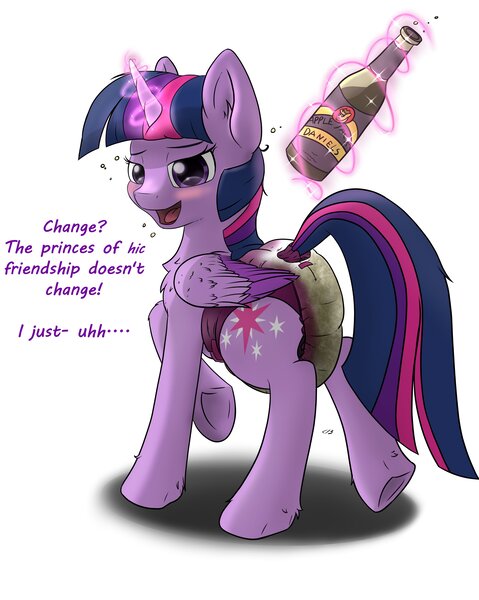 Size: 3268x4096 | Tagged: questionable, artist:db, artist:dbcreativearts, derpibooru import, twilight sparkle, twilight sparkle (alicorn), alicorn, diaper, diaper fetish, drunk, fetish, image, jpeg, magic, simple background, soggy diaper, solo, white background