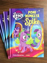 Size: 3024x4032 | Tagged: safe, artist:anthony conley, derpibooru import, photographer:anthony conley, spike, twilight sparkle, twilight sparkle (alicorn), ponified, alicorn, pegasus, pony, a pony named spike, book, book cover, colt, cover, female, finnish, happy, image, implied transformation, indoors, jpeg, male, mare, mirror, my little pony logo, open mouth, open smile, photo, ponified spike, reflection, smiling, solo focus, species swap