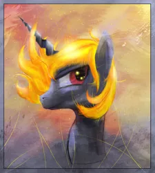 Size: 864x959 | Tagged: safe, artist:akurion, derpibooru import, oc, oc:incendia, unofficial characters only, pony, unicorn, fanfic, fanfic:antipodes, abstract background, bust, eyebrows, fanfic art, female, fiery mane, gray coat, horn, image, jpeg, looking at you, mare, messy mane, portrait, red eyes, side view, solo, unicorn oc, wind, windswept mane, yellow mane