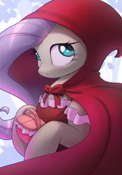 Size: 1927x2750 | Tagged: safe, artist:nookprint, derpibooru import, fluttershy, pegasus, pony, basket, blushing, cloak, clothes, cute, dress, female, hood, hoof hold, image, little red riding hood, looking away, mare, picnic basket, png, shyabetes, solo