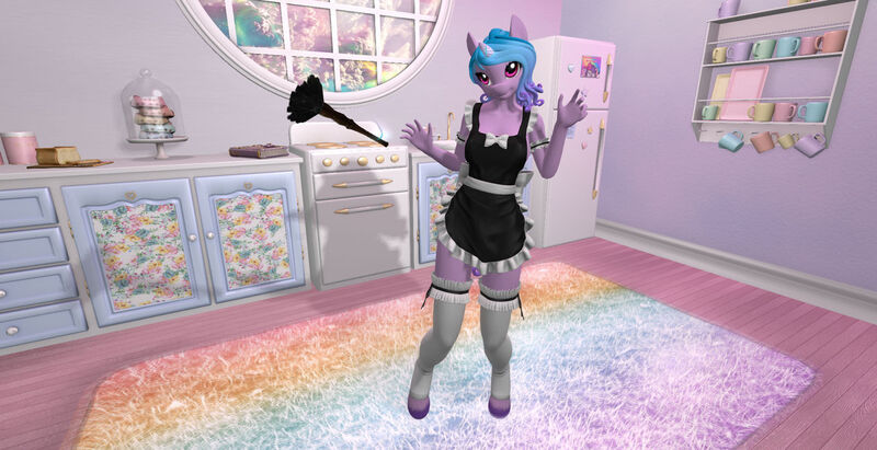 Size: 1280x658 | Tagged: suggestive, artist:bangayo, derpibooru import, screencap, izzy moonbow, anthro, unguligrade anthro, unicorn, 3d, breasts, clothes, g5, image, jpeg, maid, second life, sexy, solo, video in description