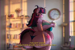 Size: 1200x800 | Tagged: suggestive, artist:thelunarmoon, derpibooru import, twilight sparkle, anthro, unicorn, bbw, bedroom eyes, belly, big belly, bookshelf, breasts, busty twilight sparkle, butt, clock, clothes, coffee, fat, female, huge butt, image, jpeg, large butt, morning, obese, panties, room, solo, solo female, sunrise, the ass was fat, thick, thighs, thong, thunder thighs, twibutt, twilard sparkle, twilight has a big ass, underwear, unicorn twilight