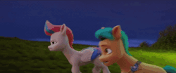 Size: 680x284 | Tagged: safe, derpibooru import, screencap, hitch trailblazer, zipp storm, earth pony, pegasus, pony, my little pony: a new generation, animated, duo, female, g5, gif, gliding, image, male, mare, maretime bay, mech, overcast, parkour, sprouticus maximus, stallion, sunny's house