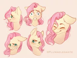 Size: 2400x1800 | Tagged: safe, artist:plumaelegante, derpibooru import, fluttershy, pony, blushing, bust, crying, ear fluff, expressions, eyes closed, female, floppy ears, full face view, gritted teeth, high res, image, looking at something, looking at you, looking away, mare, png, profile, raised eyebrow, sad, scared, skeptical, smiling, solo, stray strand, teary eyes, three quarter view, wide eyes