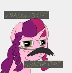 Size: 349x355 | Tagged: safe, artist:dotkwa, derpibooru import, oc, oc:marker pony, unofficial characters only, pony, unicorn, 4chan, bust, fake moustache, female, gray background, greentext, image, jpeg, mare, simple background, solo, text