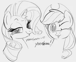 Size: 873x710 | Tagged: safe, artist:dotkwa, derpibooru import, applejack, rarity, earth pony, pony, unicorn, bust, duo, female, gray background, grayscale, image, jpeg, looking at you, mare, monochrome, one eye closed, simple background, wink