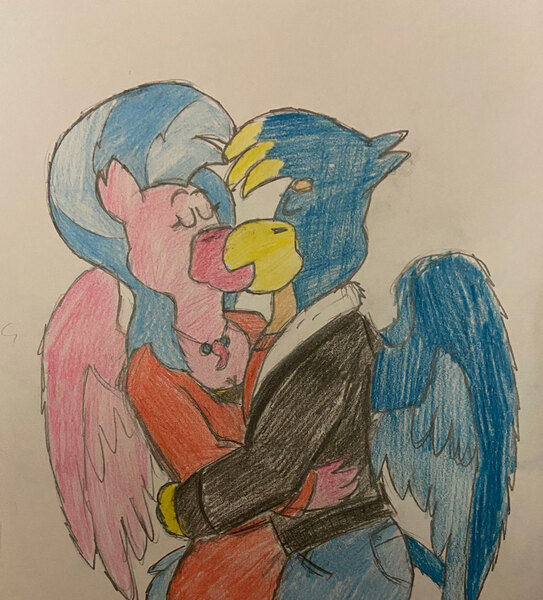 Size: 900x994 | Tagged: safe, artist:rotgriff, derpibooru import, gallus, silverstream, anthro, classical hippogriff, gryphon, hippogriff, female, gallstream, image, jpeg, kissing, male, shipping, straight, traditional art