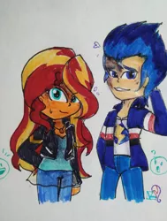 Size: 1280x1695 | Tagged: safe, artist:tong2602kn, derpibooru import, flash sentry, sunset shimmer, equestria girls, female, flashimmer, image, jpeg, male, shipping, straight, traditional art