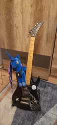 Size: 2136x4624 | Tagged: safe, derpibooru import, princess luna, vinyl scratch, alicorn, pony, unicorn, electric guitar, guitar, image, irl, jpeg, musical instrument, photo, plushie, sticker