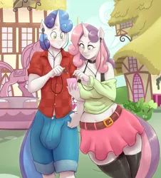 Size: 1155x1280 | Tagged: suggestive, artist:flash equestria photography, artist:marauder6272, derpibooru import, sweetie belle, oc, oc:silver sweet, anthro, unicorn, series:music that grows on you, anthro oc, bare shoulders, big tail, breasts, brother and sister, busty sweetie belle, clothes, collar, colored, commission, crotch bulge, denim shorts, earbuds, female, image, jpeg, male, mp3 player, older, older sweetie belle, plaid shirt, ponyville, series, shirt, short skirt, shorts, siblings, skirt, socks, stockings, tail, thigh highs