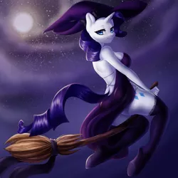 Size: 3500x3500 | Tagged: suggestive, artist:yutakira92, derpibooru import, rarity, anthro, breasts, broom, busty rarity, clothes, female, flying, flying broomstick, hat, image, leggings, night, png, solo, solo female, witch, witch costume, witch hat