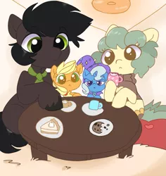 Size: 1239x1314 | Tagged: safe, artist:mushy, derpibooru import, oc, oc:pea, pony, clothes, cookie, cute, female, filly, food, image, male, mare, necktie, pie, plushie, png, ship, stallion, sweater, tea, tea party