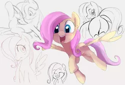 Size: 1421x972 | Tagged: safe, artist:dotkwa, derpibooru import, fluttershy, pegasus, pony, blushing, butt, cute, dock, featureless crotch, female, filly, filly fluttershy, flutterbutt, gray background, hair over one eye, image, looking back, open mouth, open smile, plot, png, shyabetes, simple background, smiling, solo, tail, younger