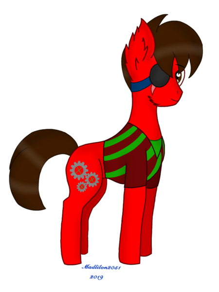 Size: 600x800 | Tagged: safe, artist:madlilon2051, derpibooru import, oc, unofficial characters only, earth pony, pony, clothes, ear fluff, earth pony oc, eye scar, eyepatch, image, male, png, scar, simple background, smiling, solo, stallion, transparent background