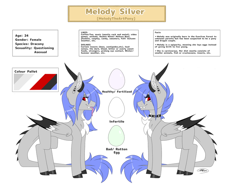 Size: 2500x2008 | Tagged: safe, artist:melodytheartpony, derpibooru import, oc, oc:melody silver, dracony, dragon, hybrid, asexual, carnivore, collar, egg, fangs, female, feral, fluffy, horns, image, laying an egg, long hair, long mane, long tail, oviparity, oviposition, png, ref, reference sheet, rule 63, short hair, short mane, tail, webbed wings