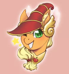 Size: 2790x3000 | Tagged: safe, artist:taytinabelle, derpibooru import, applejack, earth pony, pony, bust, cute, cutie mark accessory, dark magician girl, ear fluff, female, happy, hat, image, looking at you, mare, one eye closed, png, simple background, smiling, solo, wink