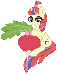 Size: 766x1000 | Tagged: safe, artist:rainspeak, derpibooru import, moondancer, pony, unicorn, hairstyling, image, png, radish, solo, vegetables