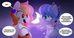 Size: 2800x1457 | Tagged: safe, artist:mochi_nation, derpibooru import, oc, oc:galaxy, unofficial characters only, earth pony, pony, candy, crescent moon, dialogue, duo, eating, eye clipping through hair, female, food, halloween, holiday, image, jpeg, mare, moon, puffy cheeks, pumpkin bucket, speech bubble