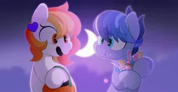 Size: 2800x1457 | Tagged: safe, alternate version, artist:mochi_nation, derpibooru import, oc, oc:galaxy, unofficial characters only, earth pony, pony, candy, crescent moon, duo, eating, eye clipping through hair, female, food, halloween, holiday, image, jpeg, mare, moon, puffy cheeks, pumpkin bucket