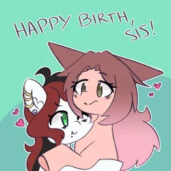 Size: 600x600 | Tagged: safe, artist:sinamuna, derpibooru import, oc, oc:blue spectrum, oc:cinnamon fawn, unofficial characters only, earth pony, pony, bags under eyes, black hair, brown hair, duo, duo female, female, friends, gift art, green eyes, happy birthday, hazel eyes, heart, hug, image, jpeg, mare, one eye closed, piercing, pink hair, ponysona, pouting, puffy cheeks, red hair, signature, sketch, smiling, two toned mane, wink