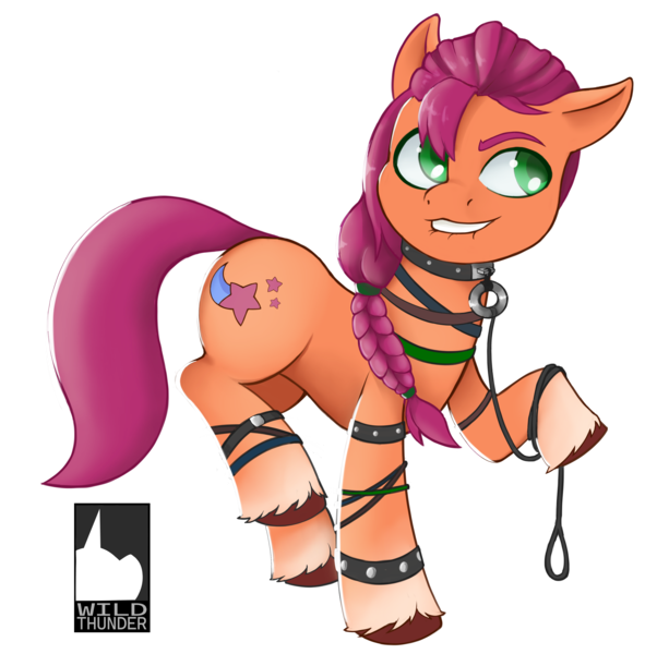 Size: 3922x3908 | Tagged: suggestive, artist:wild-thunder06, derpibooru import, sunny starscout, earth pony, pony, my little pony: a new generation, bag, collar, g5, image, leash, lip bite, png, saddle bag, solo