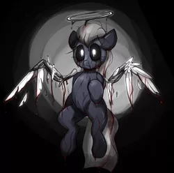 Size: 1889x1876 | Tagged: grimdark, artist:arume_lux, derpibooru import, oc, oc:broken wish, earth pony, monster pony, pony, angel, blood, fallen angel, halo, image, png, solo, torn wings, white pupils, wings