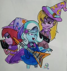 Size: 1280x1346 | Tagged: safe, artist:tong2602kn, derpibooru import, fuchsia blush, lavender lace, trixie, equestria girls, image, jpeg, traditional art, trixie and the illusions